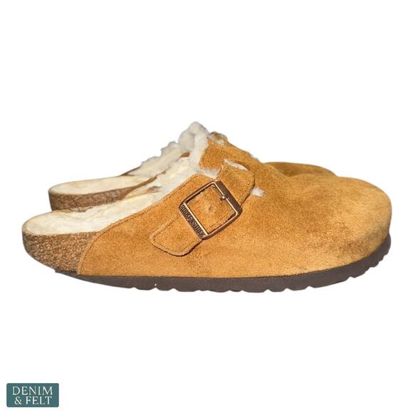 Birkenstock Boston Shearling Camel Suede Fuzzy Cozy Slip On Clogs Womens 7 - Picture 9 of 16